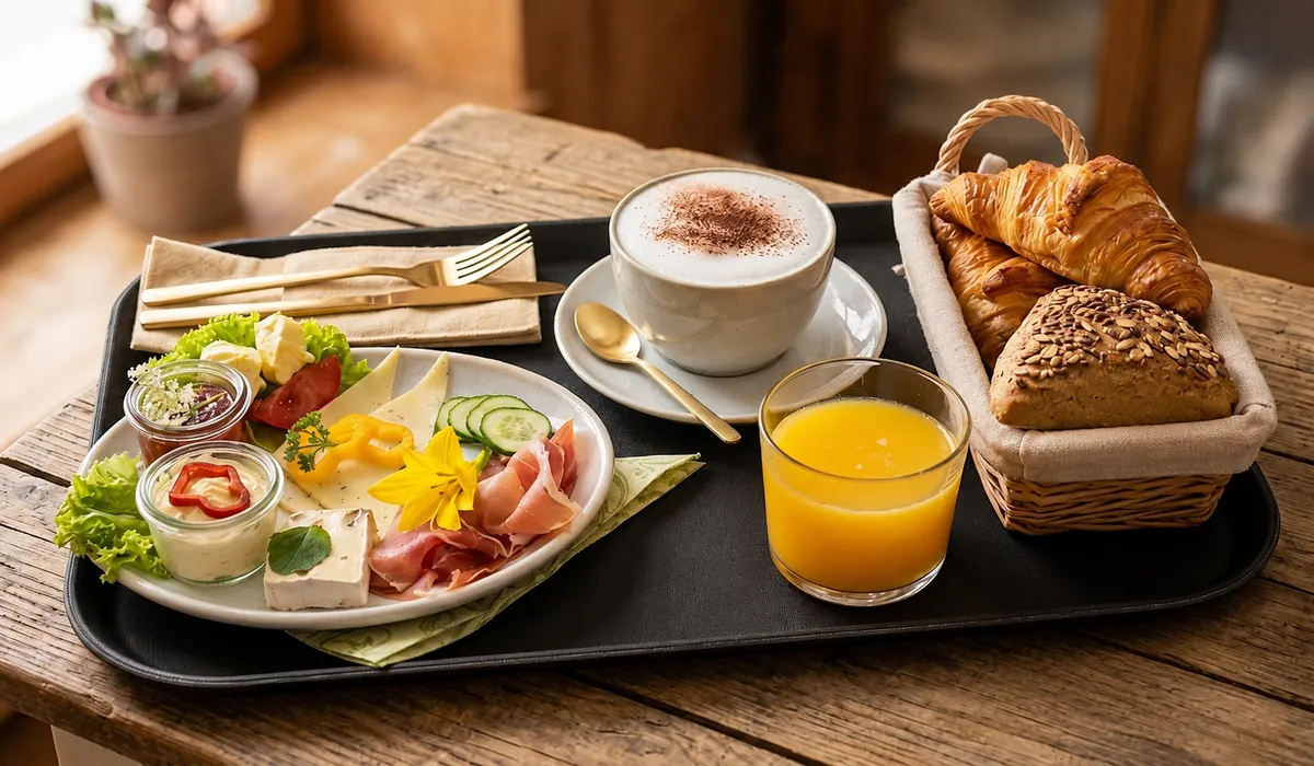 Regionale Frühstücksplatte im Café Flow Marktgraitz mit Käse, Schinken, Croissant, Cappuccino und frischem Orangensaft